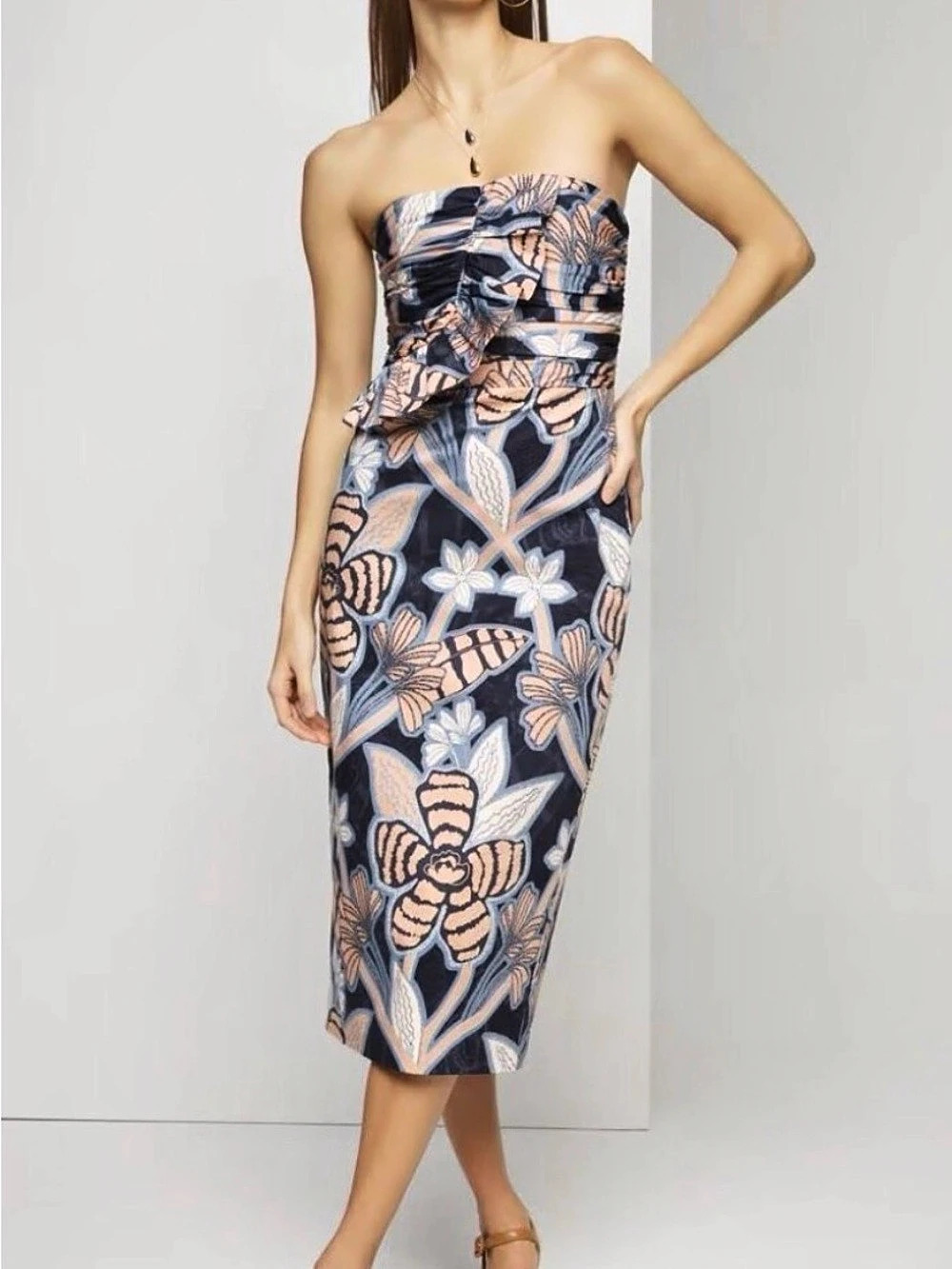White House Black Market-Strapless Midi Dress Blue & Orange